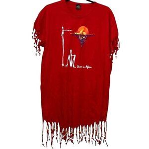 Red Fringe Hem T-Shirt By Punch With Dawn In Africa Graphic Design 100% Cotton F